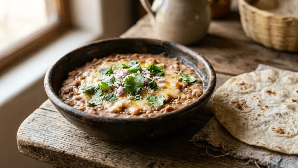 Bowl of creamy refried beans topped with cheese and cilantro illustrating refried beans nutrition