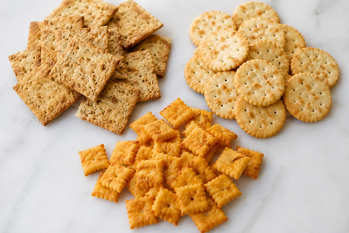Different cracker types compared Several types of crackers arranged in groups on a white surface for comparison