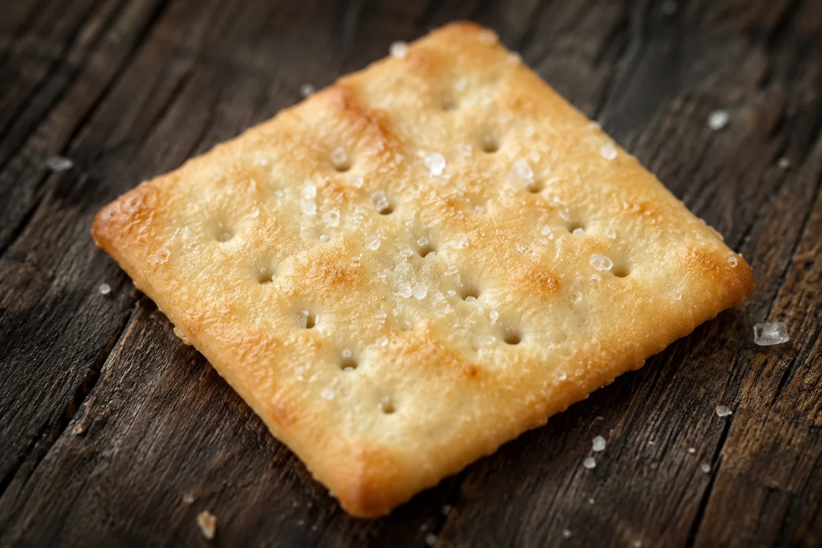 Close-up of salt crystals on a cracker Close-up of a square cracker showing coarse salt crystals on top