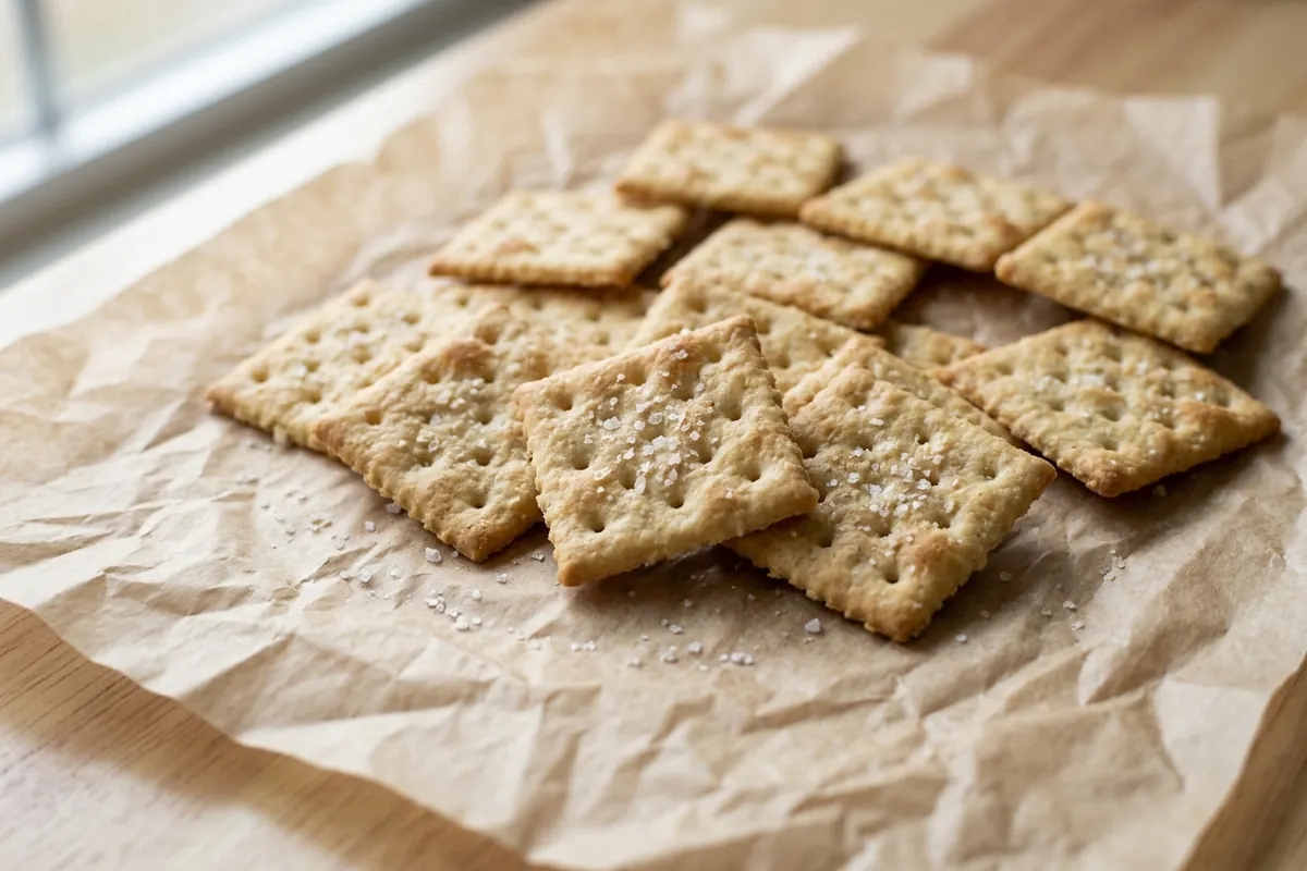 What saltines are made of: refined flour and salt Close-up of plain saltine crackers with salt crystals showing the simple ingredients