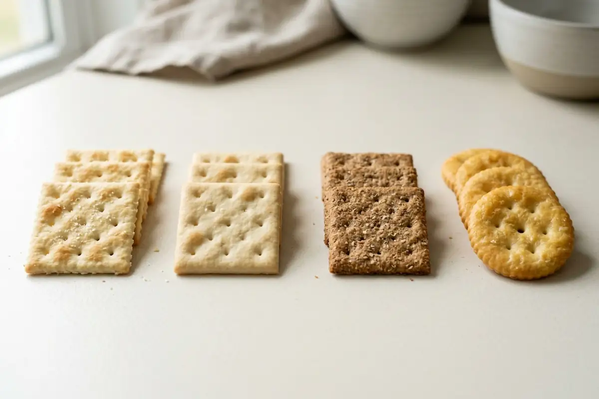 Saltines compared with whole wheat and buttery crackers Row of cracker types comparing saltines with unsalted, whole wheat and buttery crackers