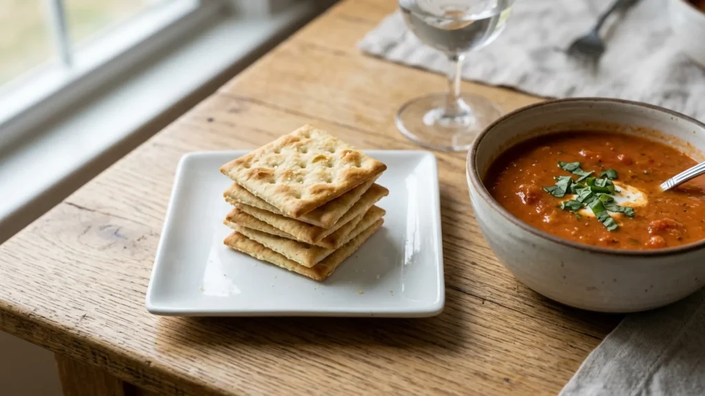 Stack of plain saltine crackers on a plate beside a bowl of soup illustrating saltines nutritional value