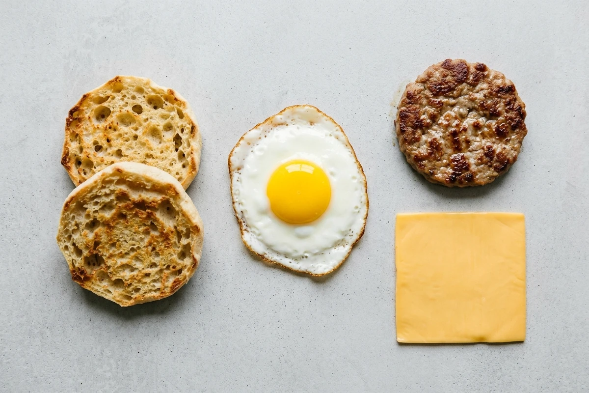 Breakfast sandwich taken apart into muffin, egg, sausage and cheese showing where calories come from