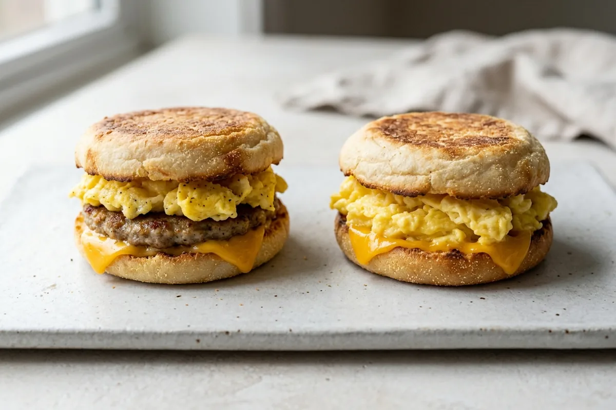 Two breakfast sandwiches compared, one with sausage and one with only egg and cheese