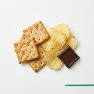 Snacks & Sweets hub hero, crackers, chips and chocolate on a clean light surface