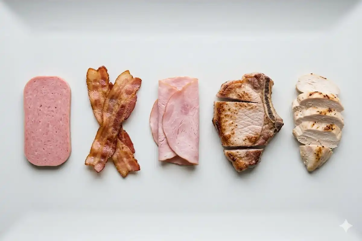 Canned luncheon meat compared with bacon, ham, pork chop and chicken Five cooked meats compared side by side on a light surface