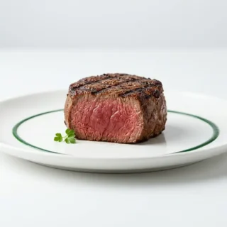 Filet Mignon, a cooked filet mignon steak on a clean light surface