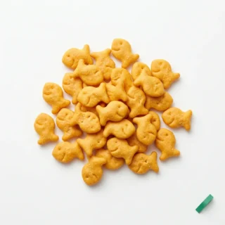 Goldfish, a small pile of fish-shaped cheese crackers on a clean light surface