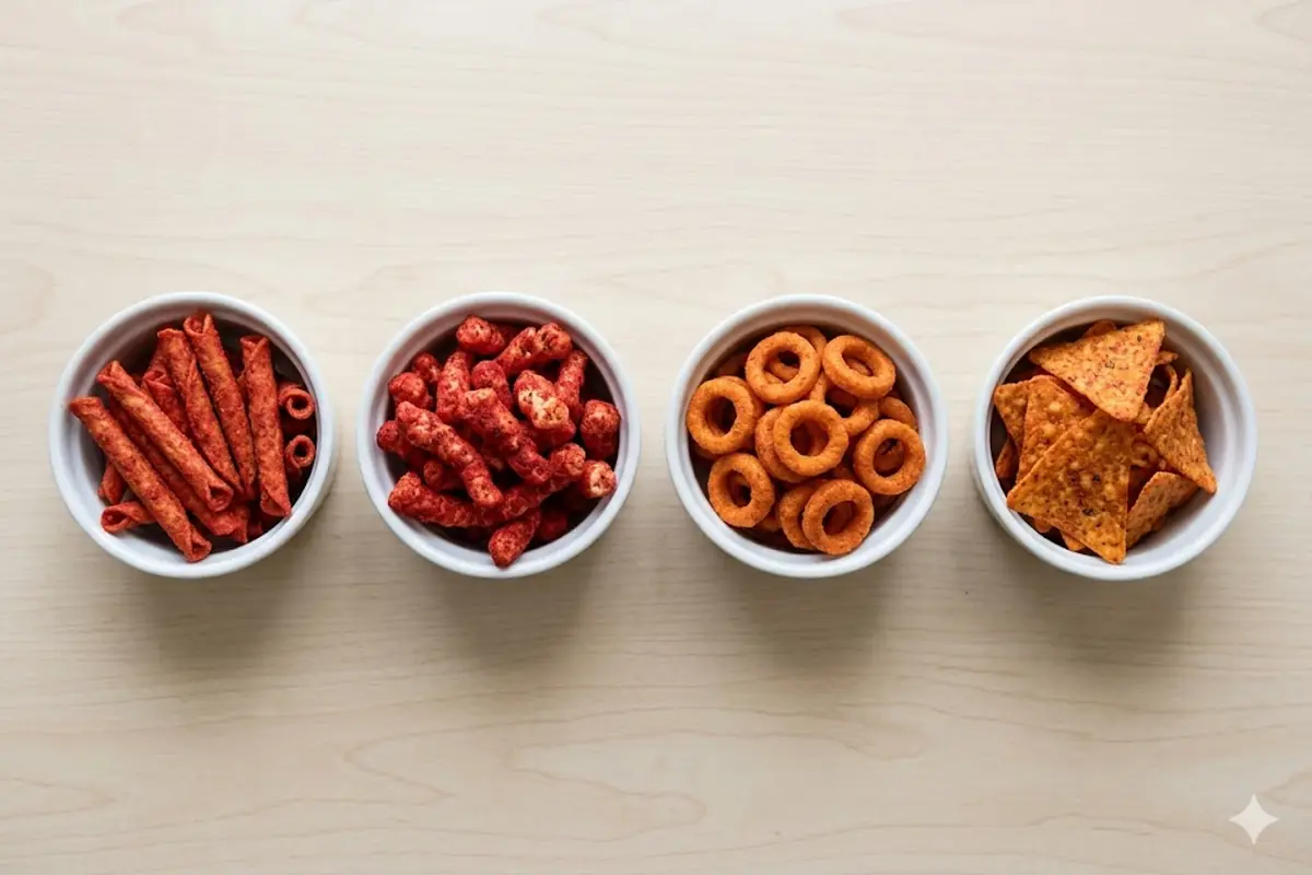How rolled spicy tortilla chips compare with other hot crunchy snacks Four bowls of different spicy snacks compared side by side