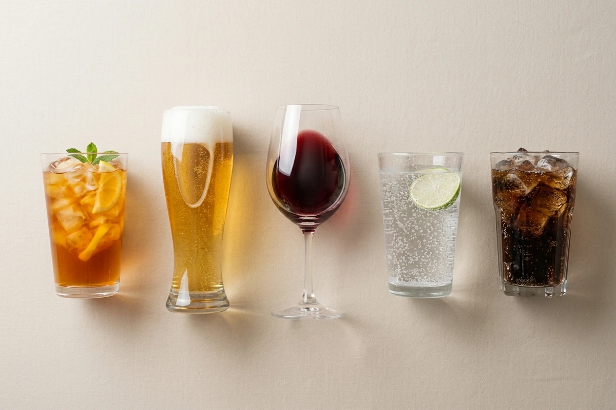 Five unbranded glasses of iced tea, beer, wine, seltzer and cola compared side by side for calories and sugar