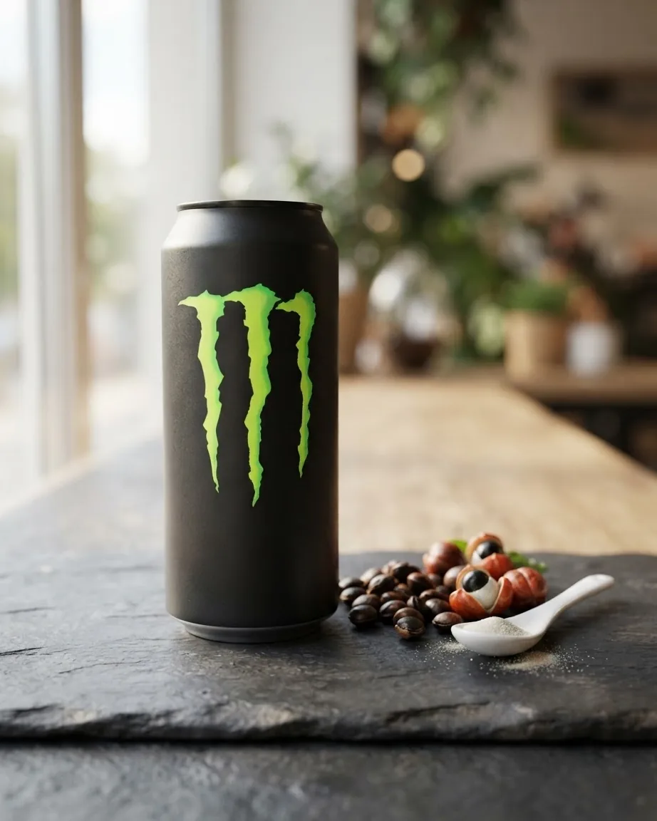 Detail view of caffeine on the can: 160 mg, and where guarana hides more