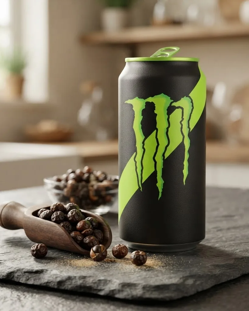 Detail view of caffeine on the can: 160 mg, and where guarana hides more