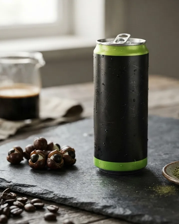 Detail view of caffeine on the can: 160 mg, and where guarana hides more