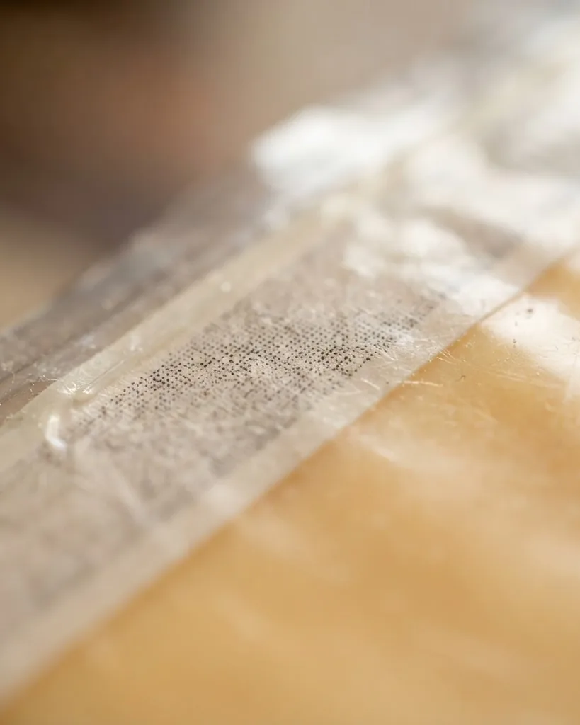 Detail view of reading a nutrition cheese slice label line by line