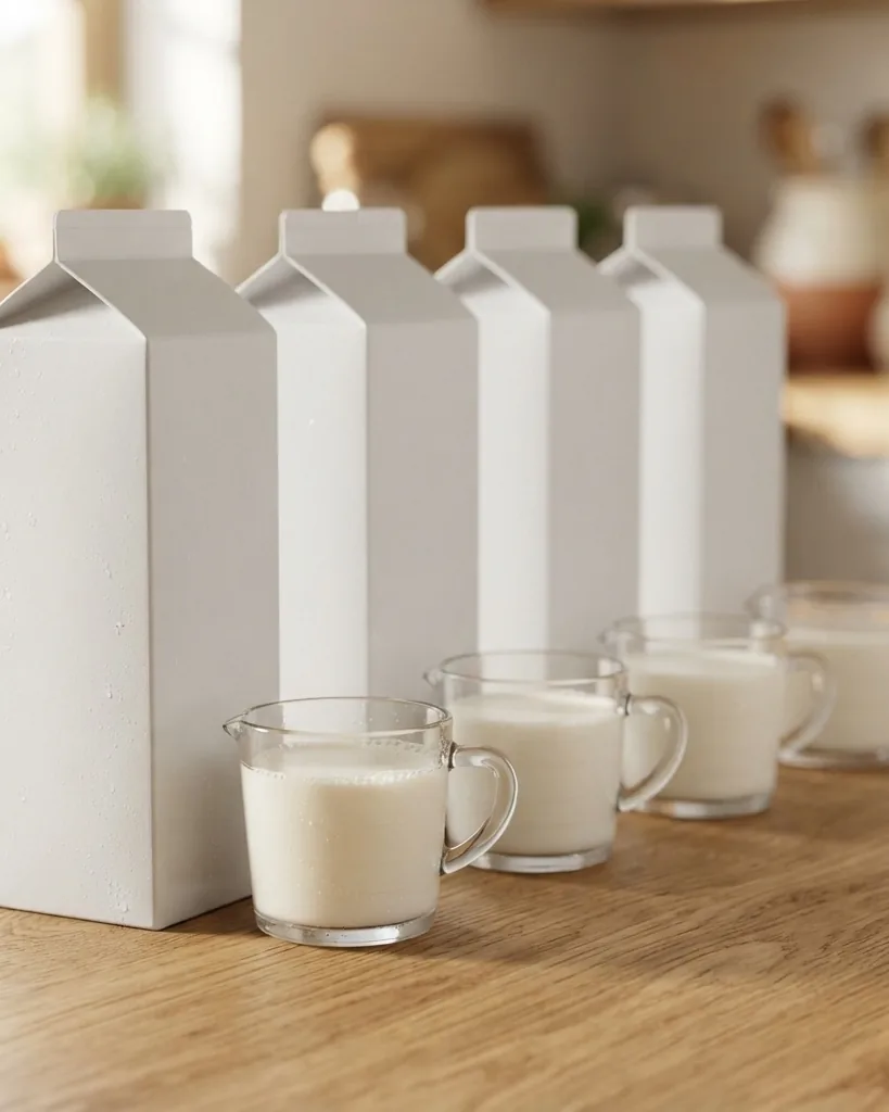 Close-up illustrating the four US 52-ounce cartons compared cup for cup
