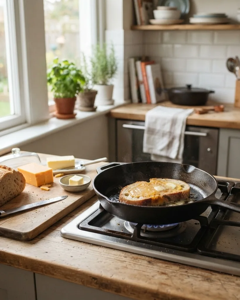 Detail view of which ingredient controls the calorie count: bread, cheese, or the butter in the pan