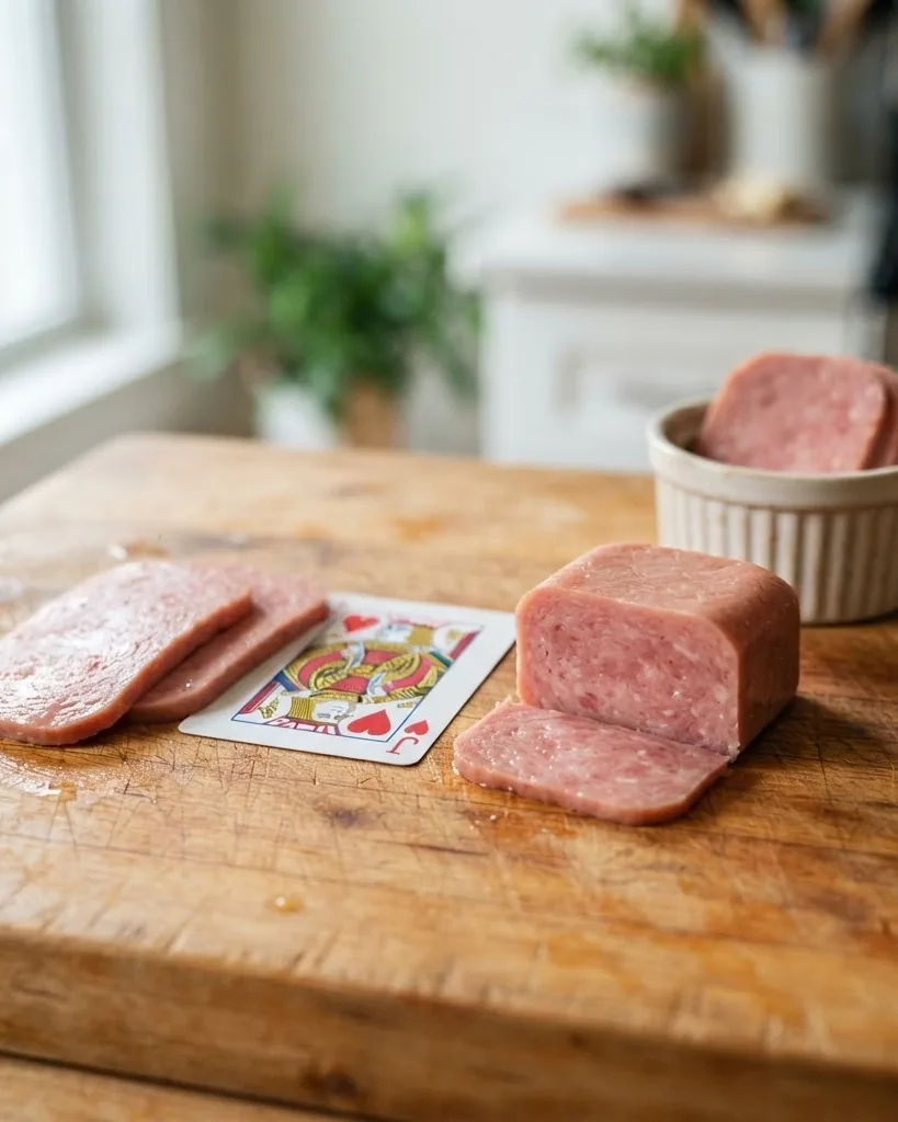Close-up illustrating what the 2-ounce serving on the SPAM can actually measures