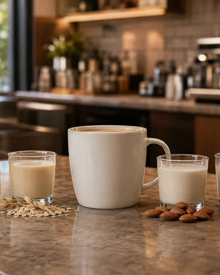 Detail view of the milk swap: 2%, oat, almond, and soy on the same cup