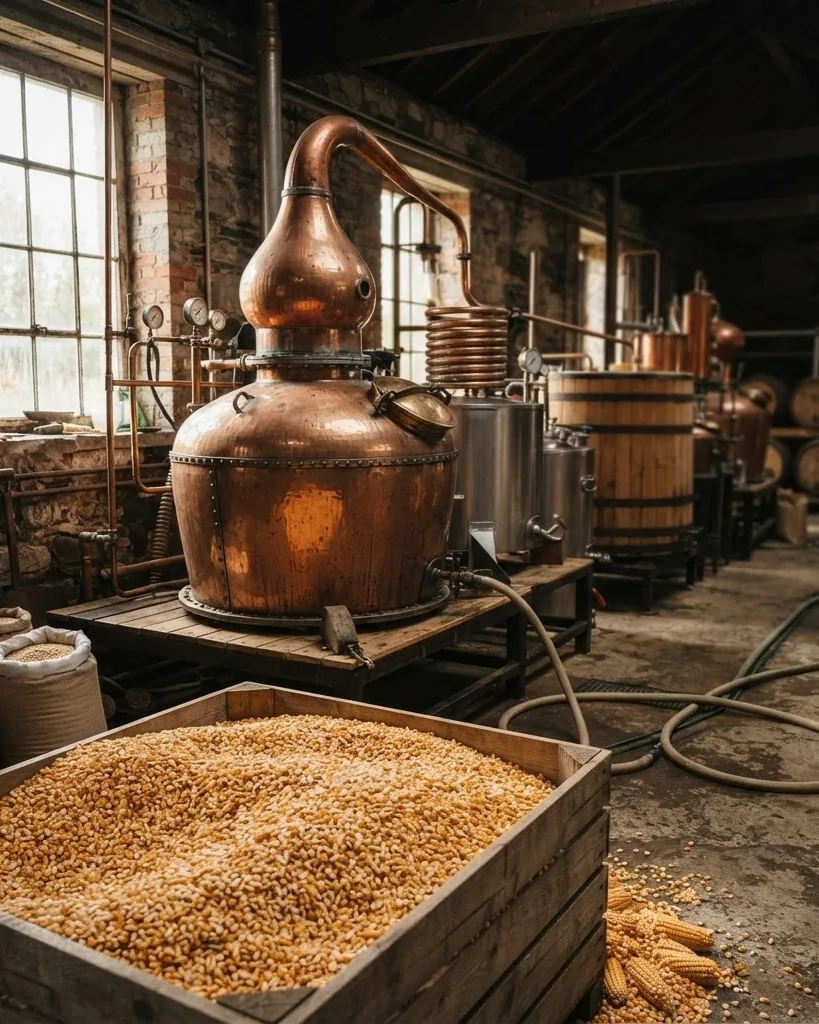 Detail view of yellow Corn, Pot Stills, and the Road to a Zero-Carb Spirit