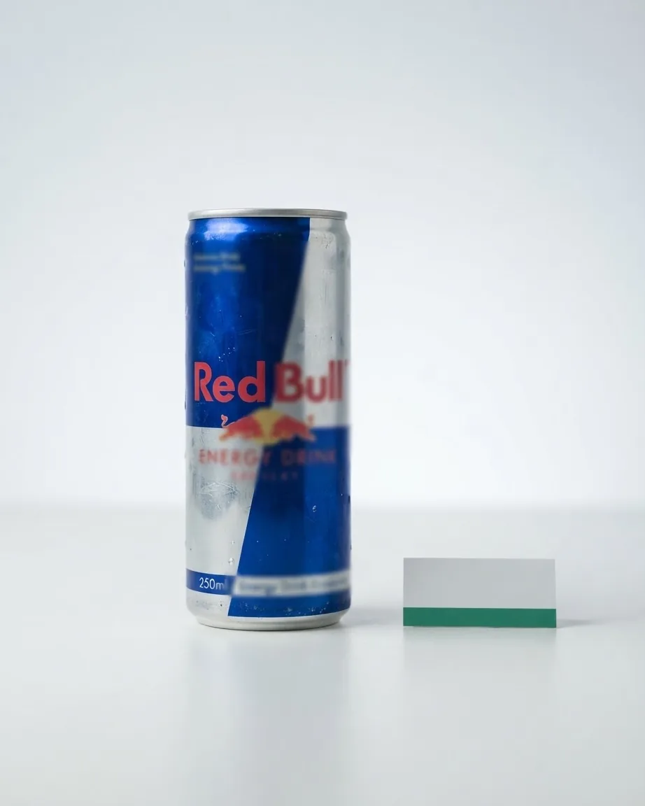 Close-up illustrating the 250 ml can at a glance: 110 calories, 27 g sugar, 80 mg caffeine