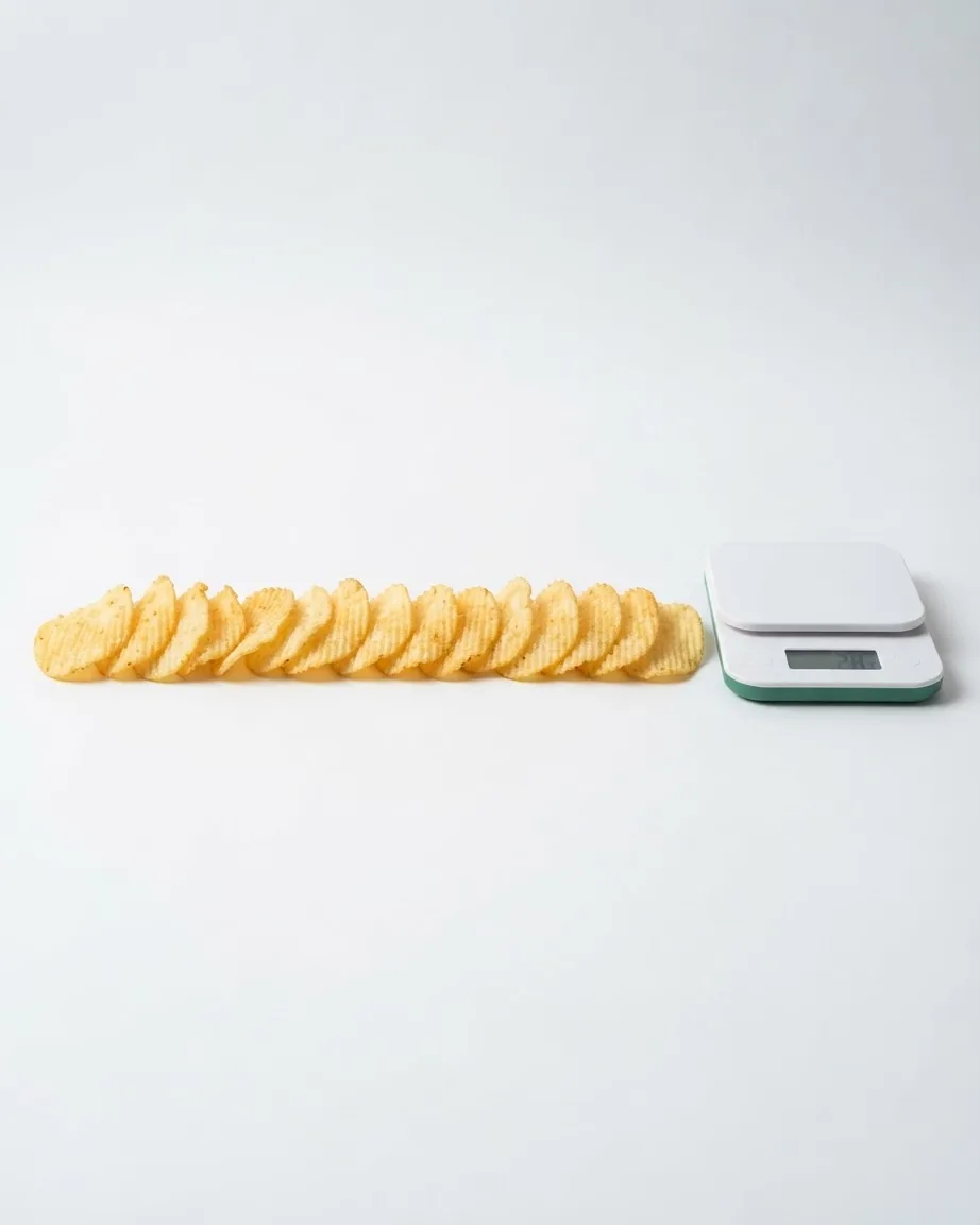 Close-up illustrating the 28 g US Serving: 150 Calories and 15 Crisps