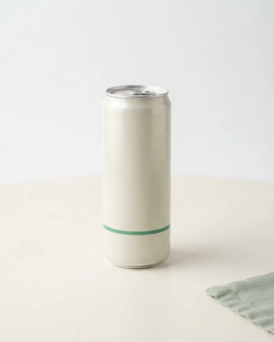 A tall unbranded cream-colored beverage can with a green stripe on a pale tabletop.