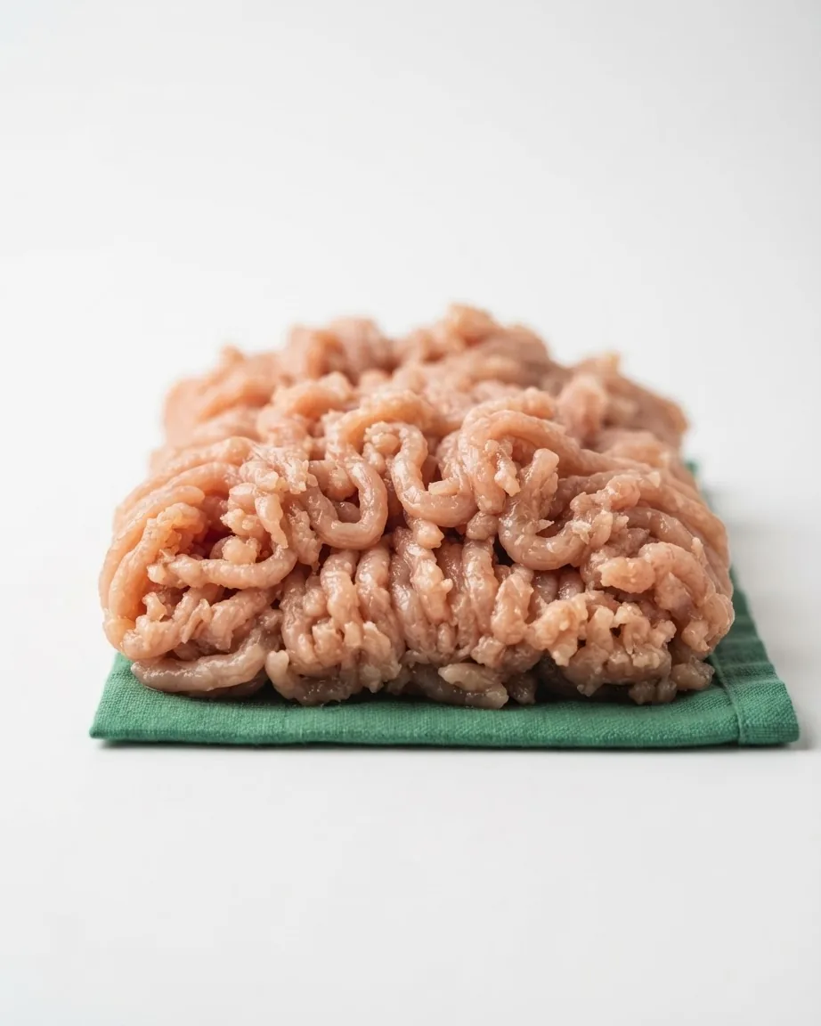 A mound of raw ground turkey rests on a folded green cloth against a plain white background.