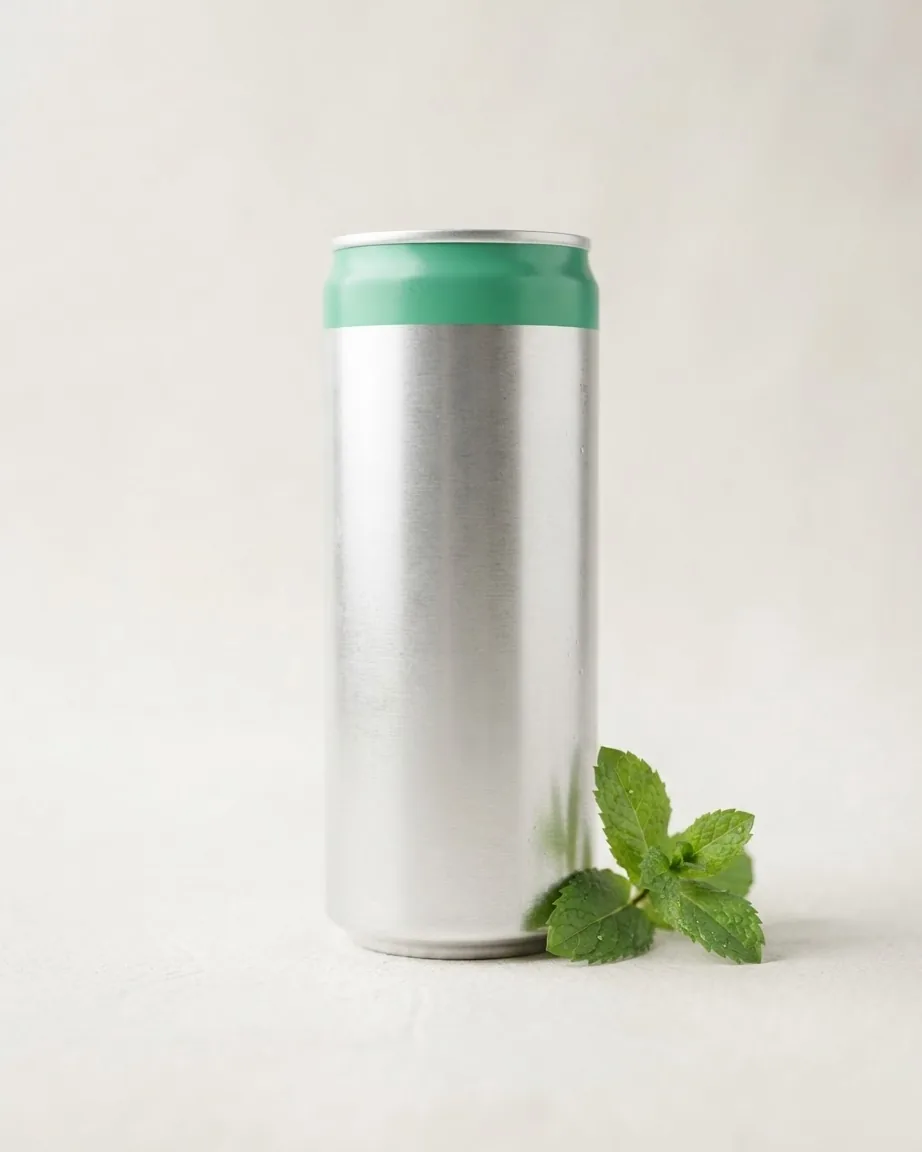 Tall unbranded silver beverage can with a mint-green top band beside fresh mint leaves.