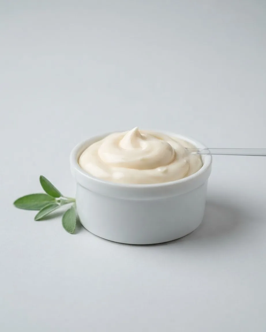 White creamy dressing in a small ceramic bowl with a spoon and green herb sprigs beside it.
