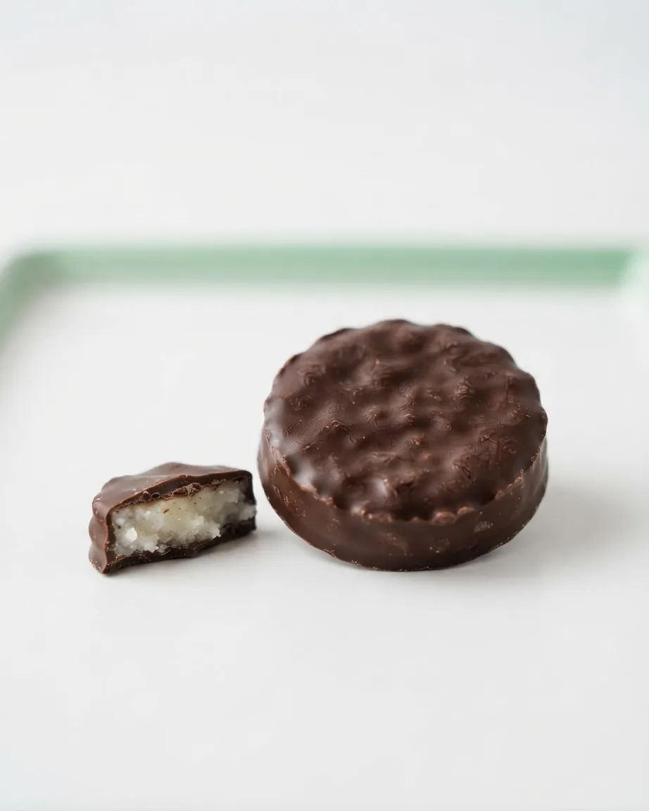 A chocolate-covered round patty with a cut piece revealing white filling rests on a plain surface.