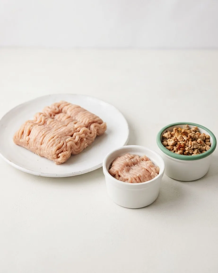 Raw ground turkey on a plate and in a ramekin beside a small bowl of cooked turkey crumbles.