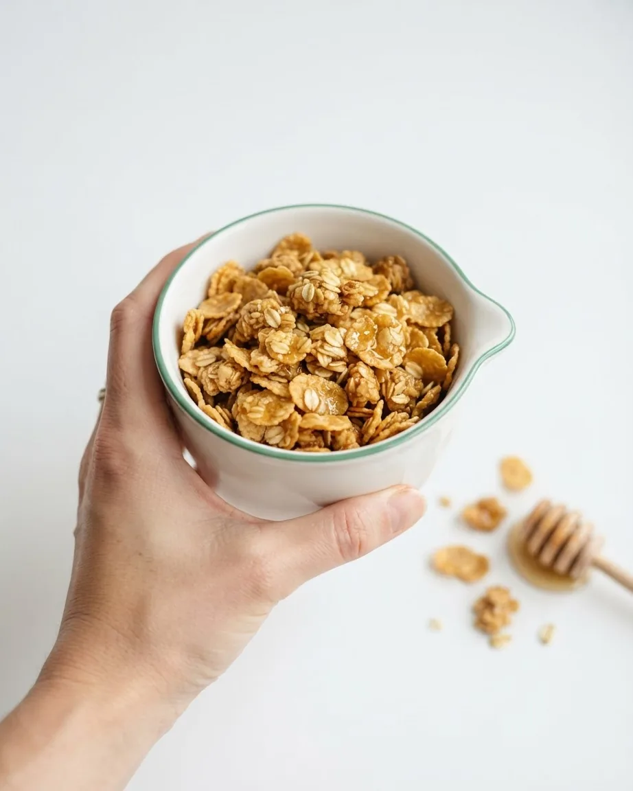 A hand holds a white bowl filled with oat clusters and cereal flakes beside a honey dipper.