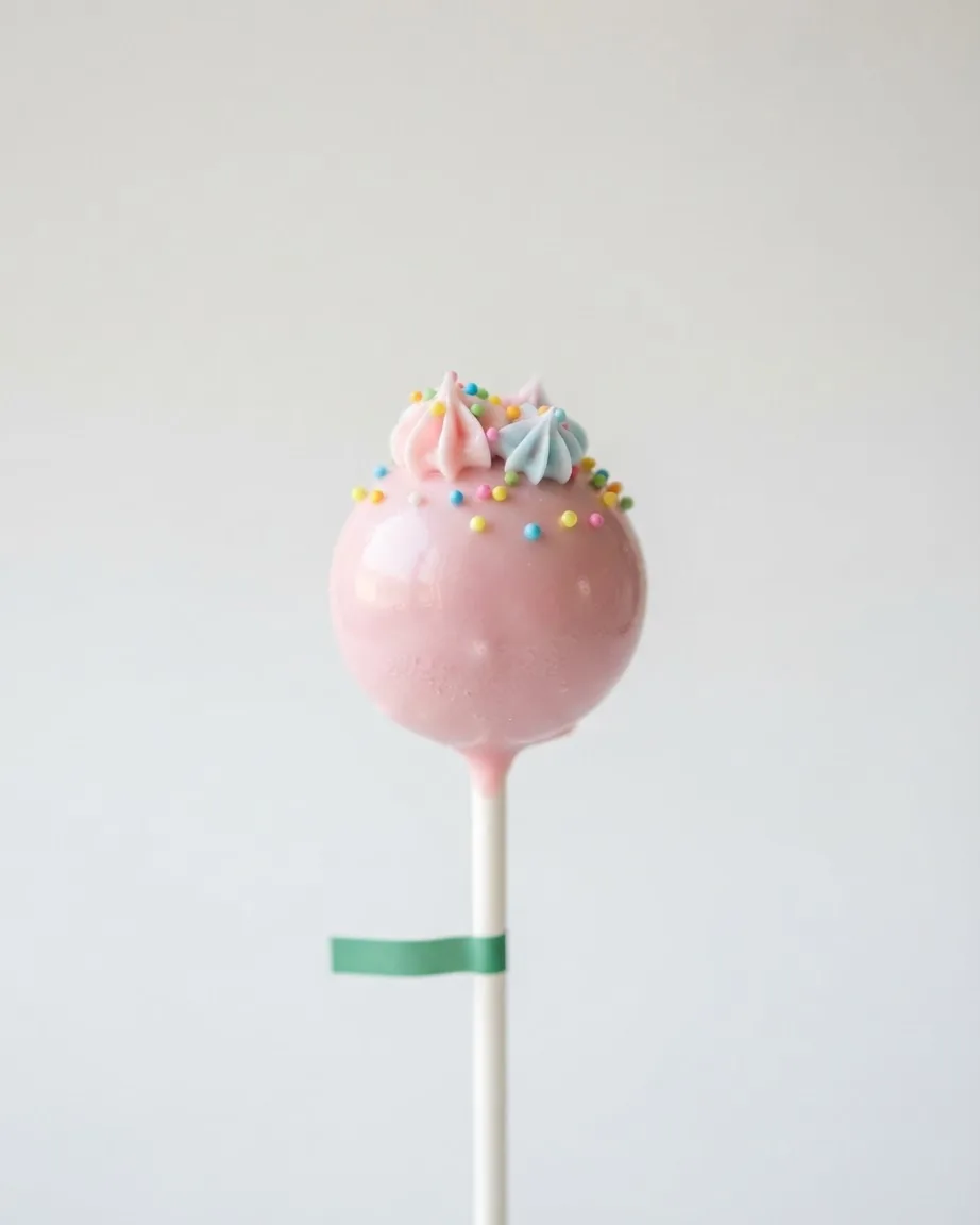 Pink cake pop on a white stick topped with pastel frosting and colorful sprinkles.