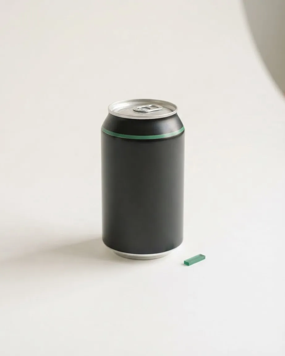 Unbranded black soda can with a green rim standing on a plain light surface.