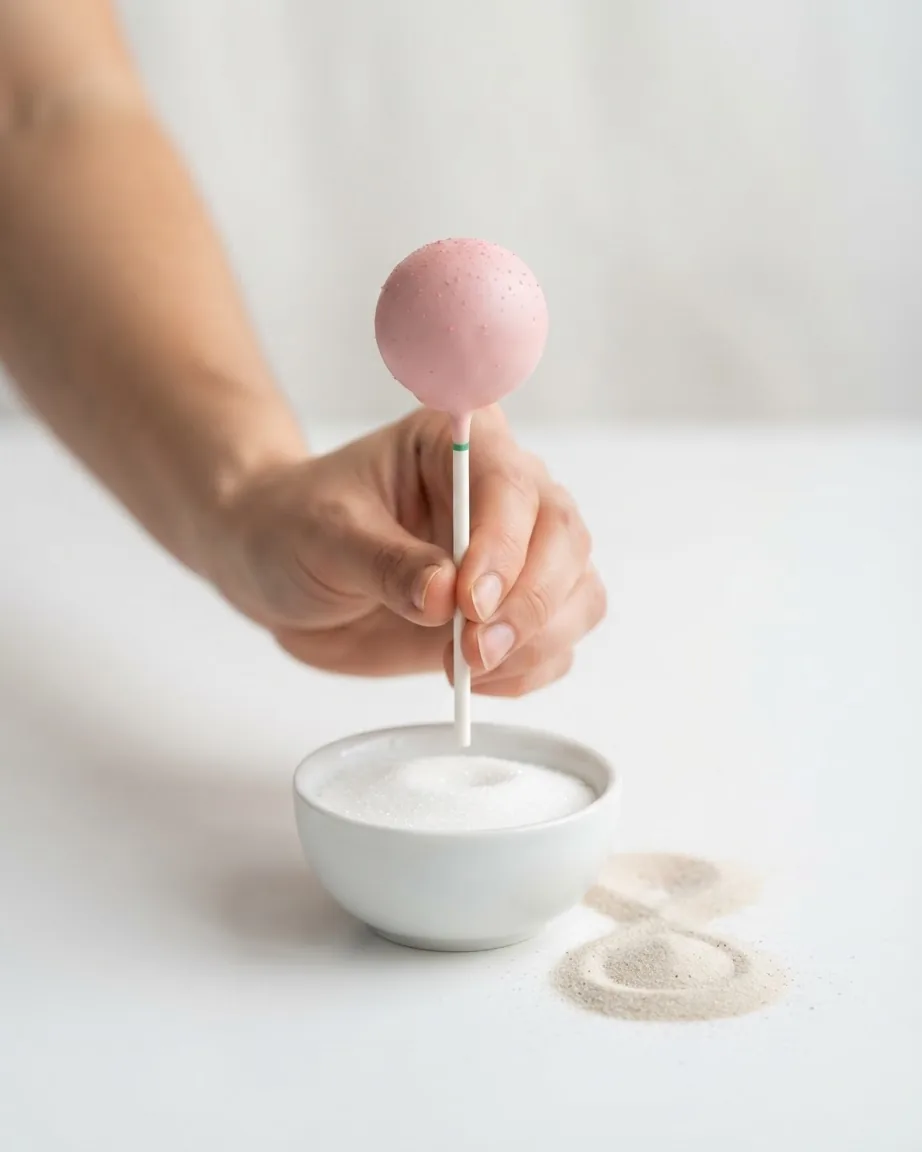 A hand holds a pink cake pop above a bowl of white granulated sugar with some spilled beside it.