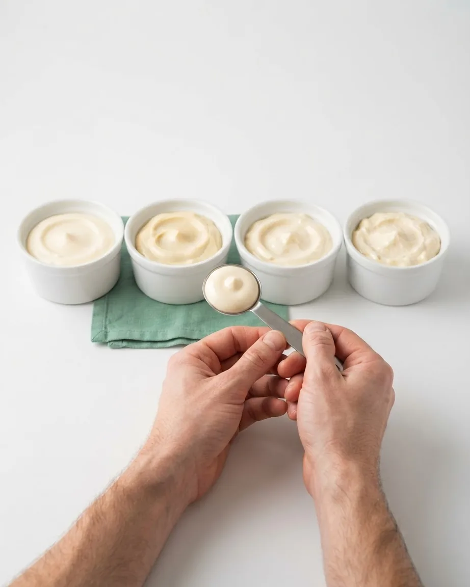 Four white ramekins of creamy dressing sit behind hands holding a filled tablespoon measure.