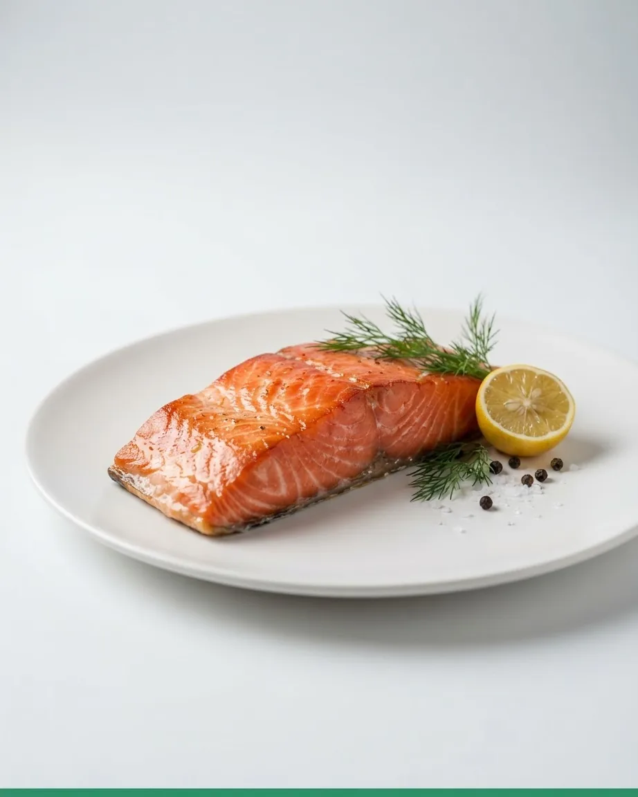 Cooked salmon fillet on a white plate with dill, lemon, salt and pepper.