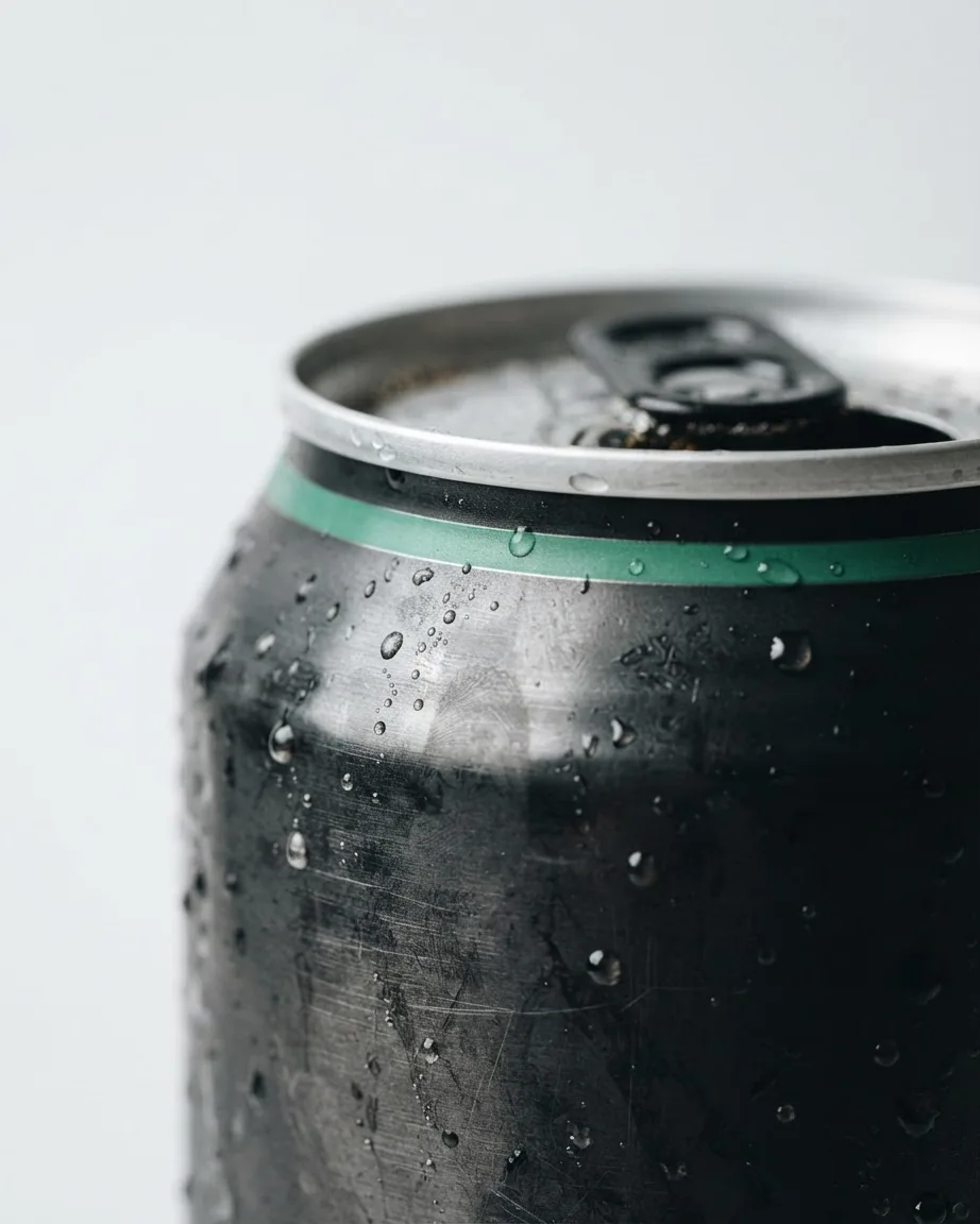 Extreme close-up of a chilled black beverage can with water droplets and an open pull tab.