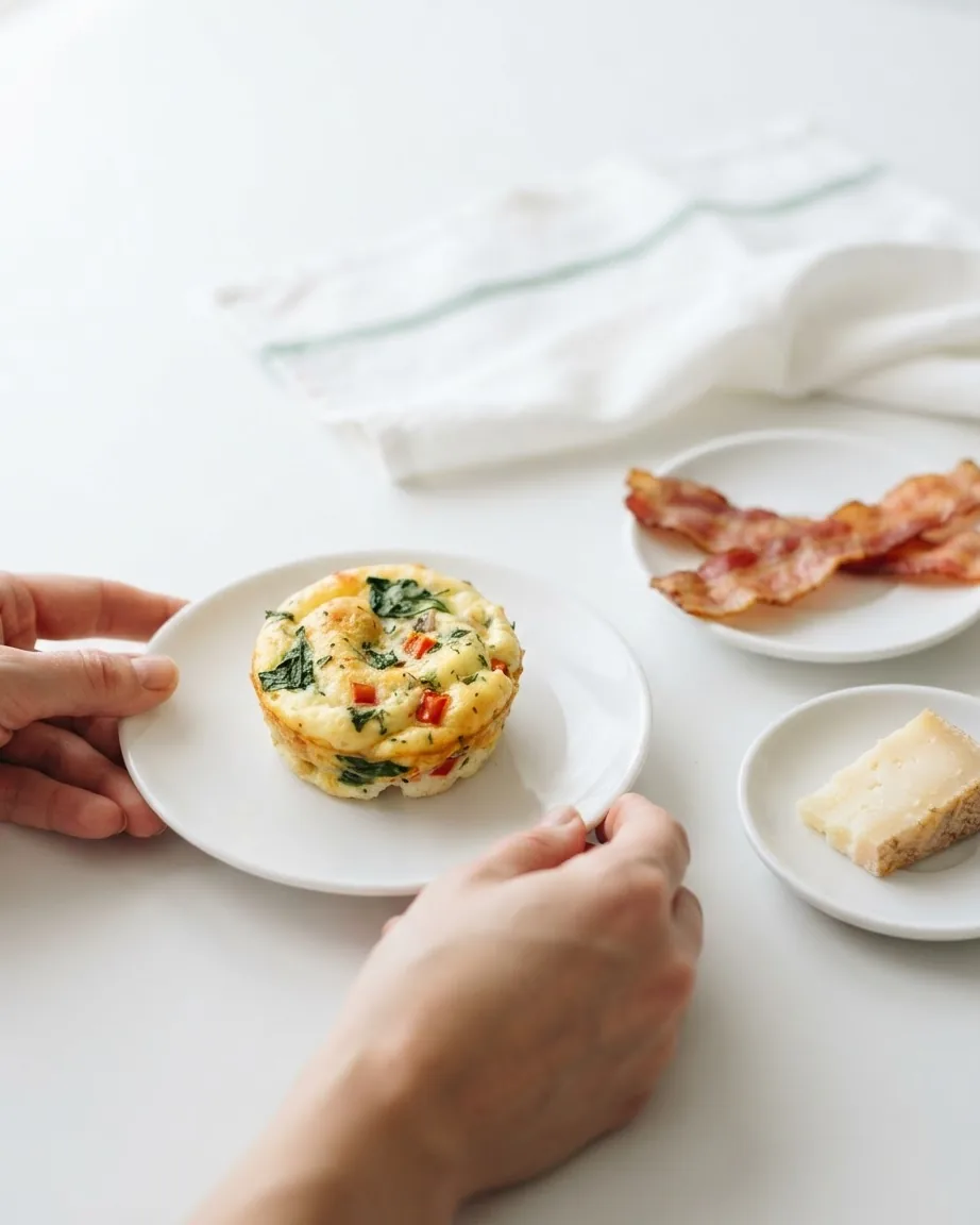 Hands hold a plate with a vegetable egg bite beside bacon strips and a wedge of cheese.