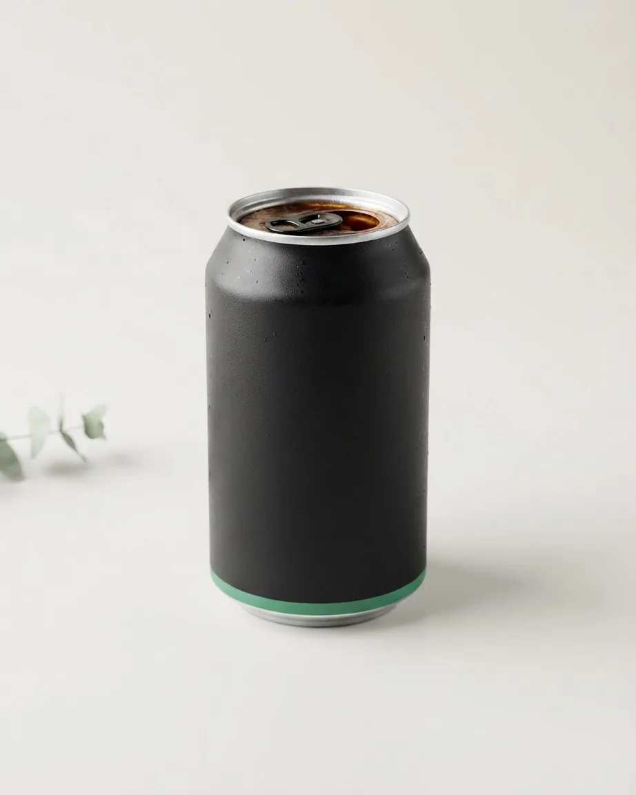 Unbranded black soda can with an open top and a thin green band near the base.