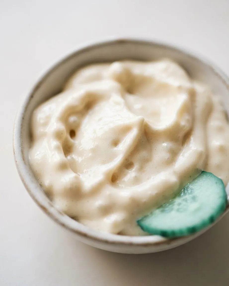 Close-up bowl of thick creamy white condiment garnished with a cucumber slice.