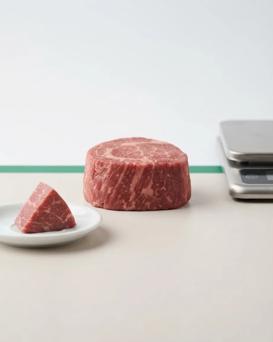 Detail view of how the 3 oz and 100 g bases relate for the same steak
