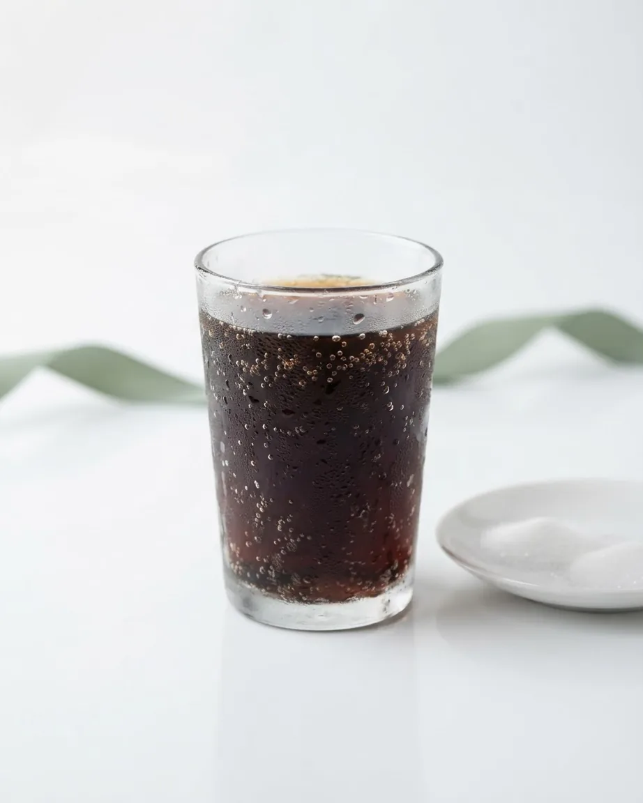 Glass of dark carbonated soda with condensation beside a small white dish.