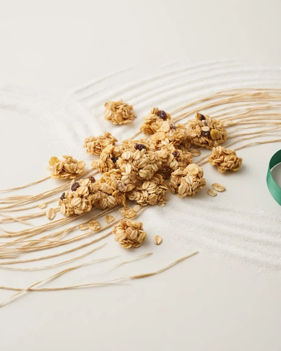 Clusters of oat cereal and raisins scattered over dried grain stalks on a pale surface.