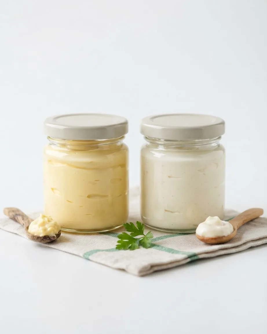 Two unlabeled jars of creamy yellow and white condiments sit side by side with small wooden spoons.