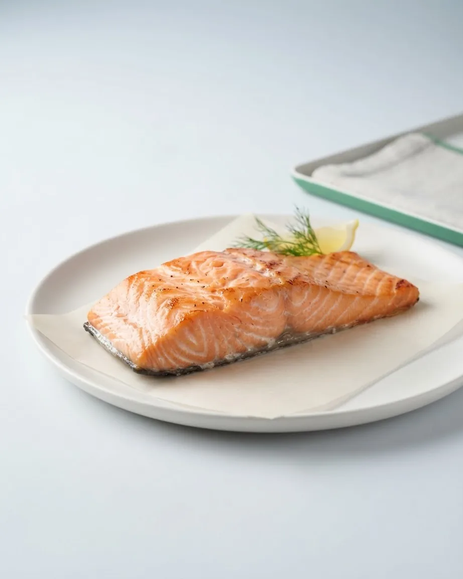 Cooked salmon fillet on a white plate with dill and a lemon wedge.
