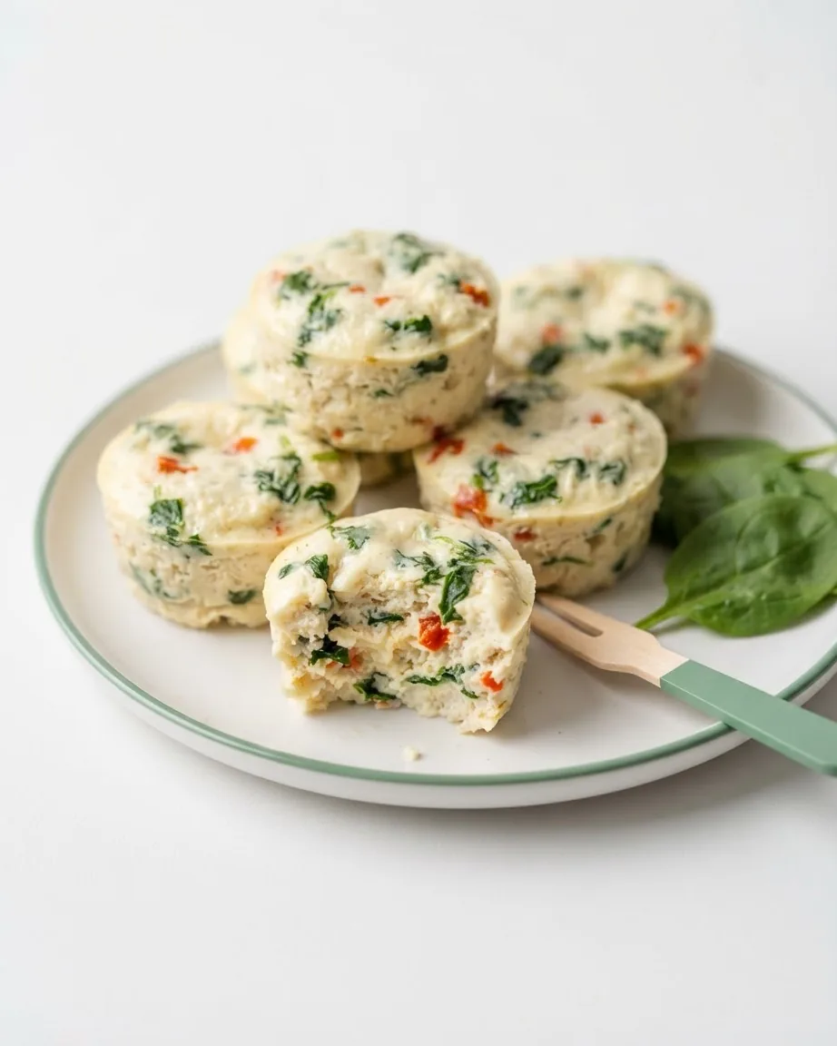 Five spinach and red pepper egg bites arranged on a plate, with one partially eaten in front.