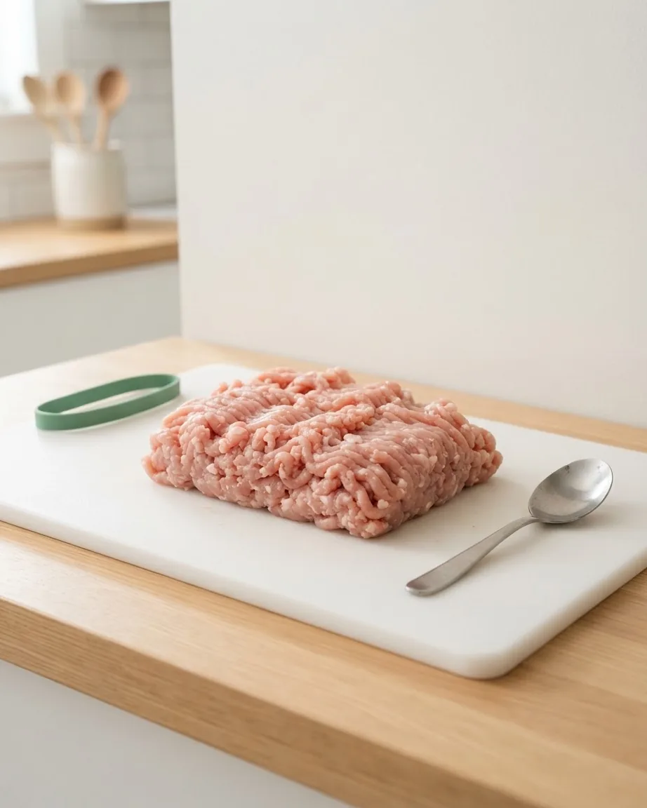 Raw ground turkey sits on a white cutting board beside a metal spoon in a bright kitchen.