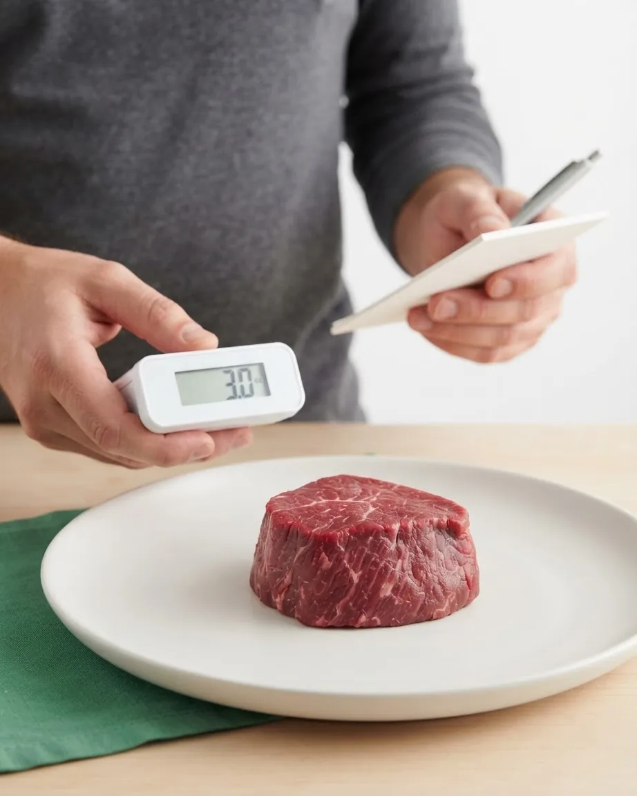 Detail view of reading the nutritional value of filet mignon steak on a 3 oz panel