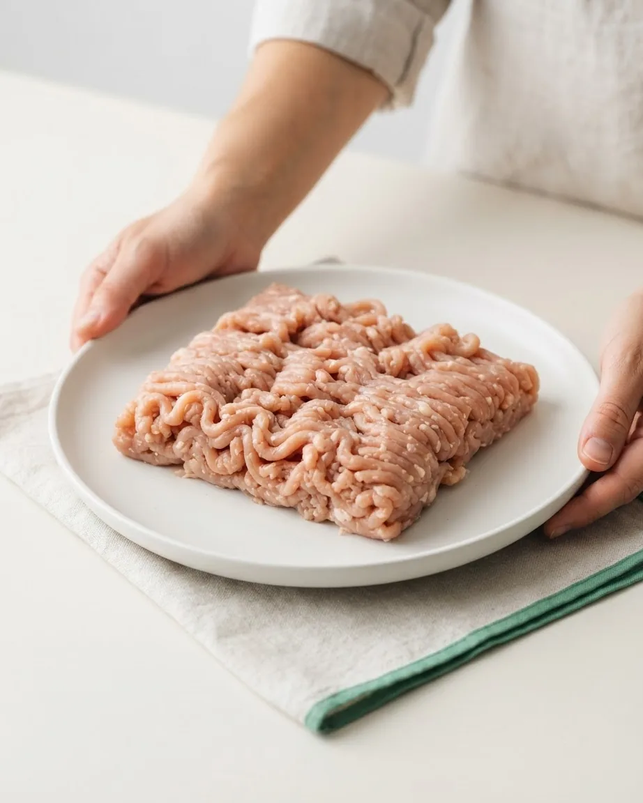 Raw ground turkey arranged on a white plate held by two hands.